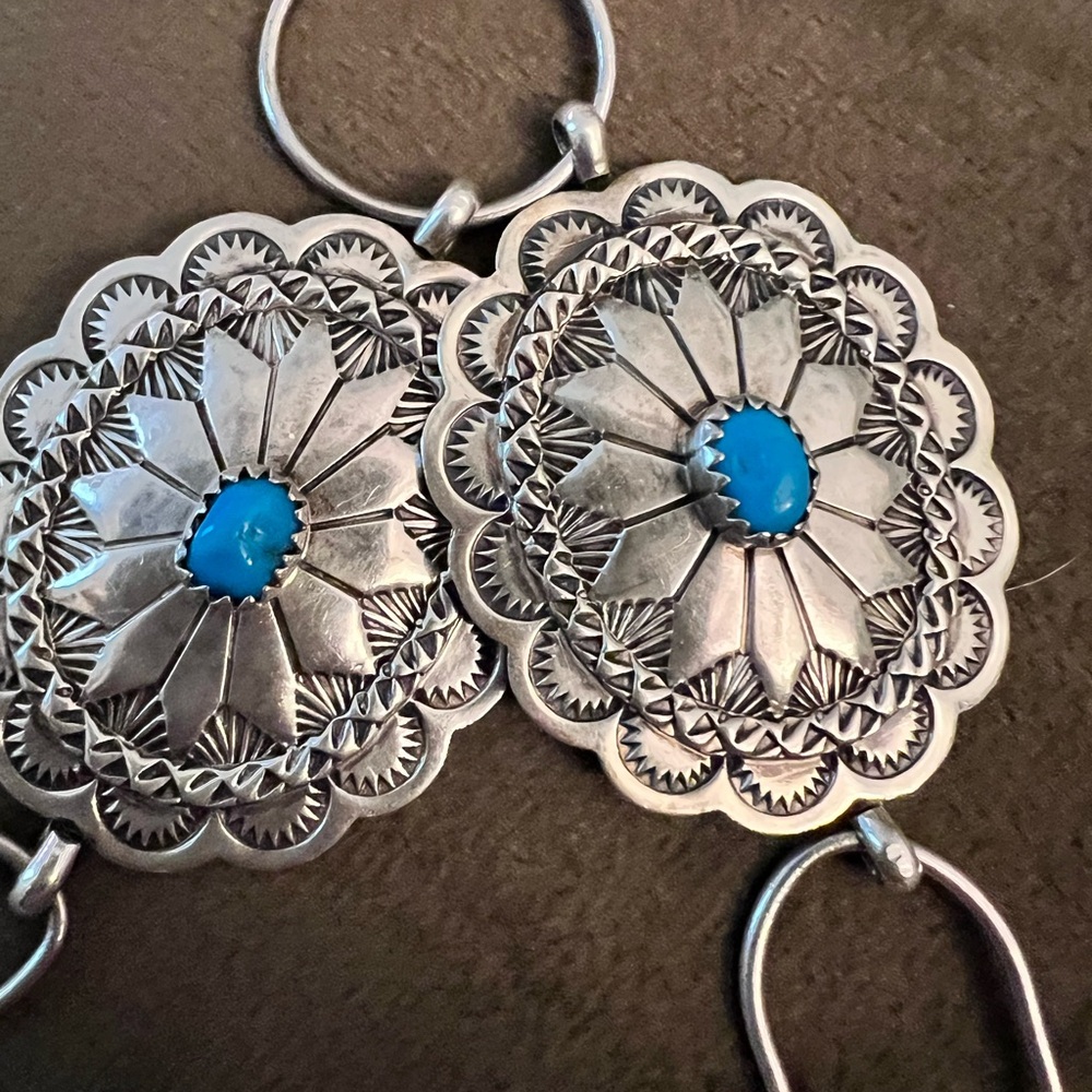 Signed Native American Sterling Silver and turquoise CONCHO BELT.